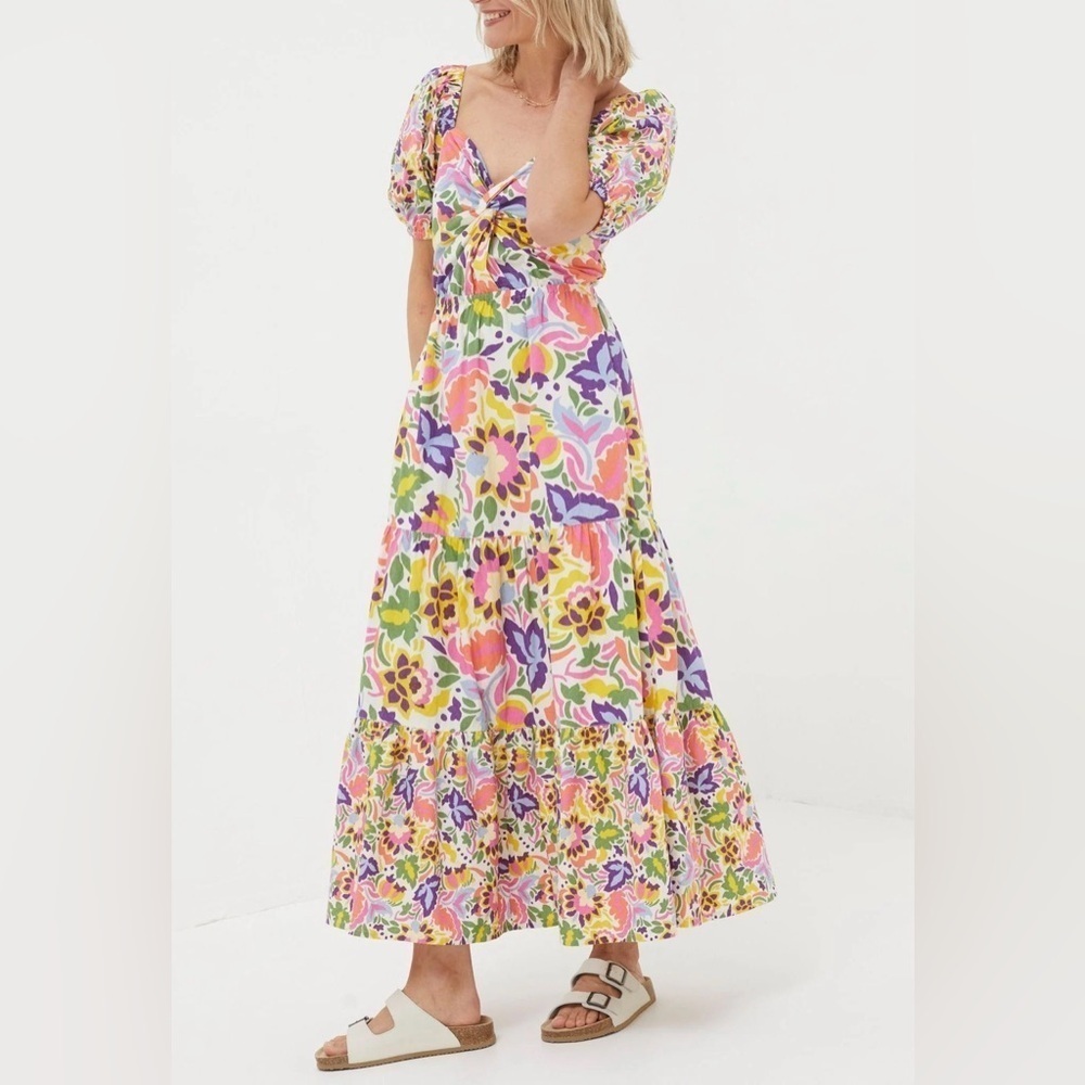 FatFace Natural Art Floral Midi Dress Floral Puff Sleeve tiered Maxi Dress 10 R